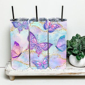 Butterfly Watercolor 20oz Tumbler With Metal Straw